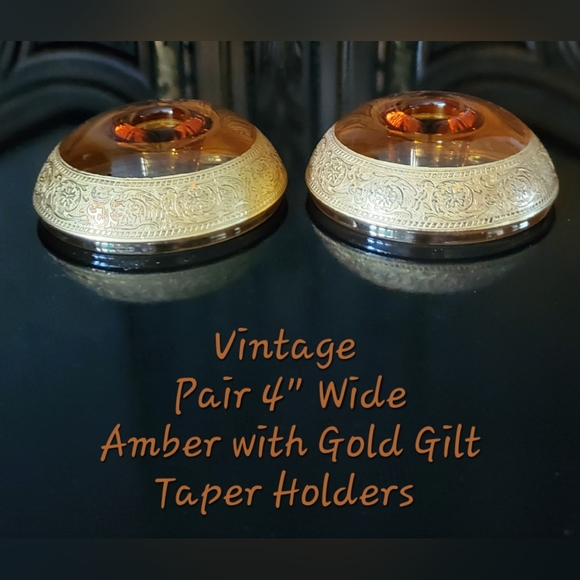 🕯Vntg Amber&Gold Gilt 4" Wide Candle Taper🕯Holders Pair - Picture 2 of 15